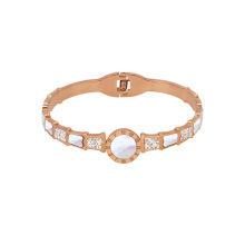 White shell Roman numeral dot diamond rose gold round rhinestone open cuff charm bracelet bangles